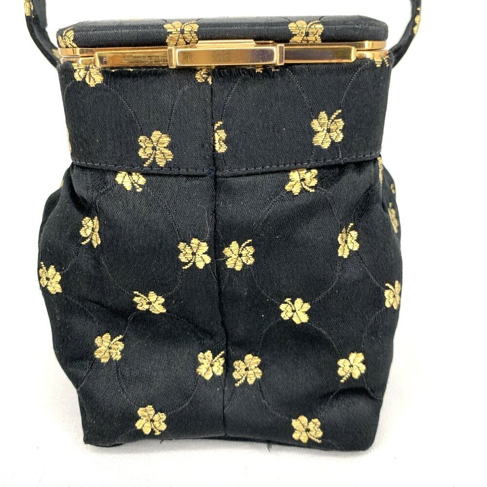 LIN BREN Purse Handbag Black & Gold Satin Brocade Box Mirror 5" Tall - Picture 2 of 10